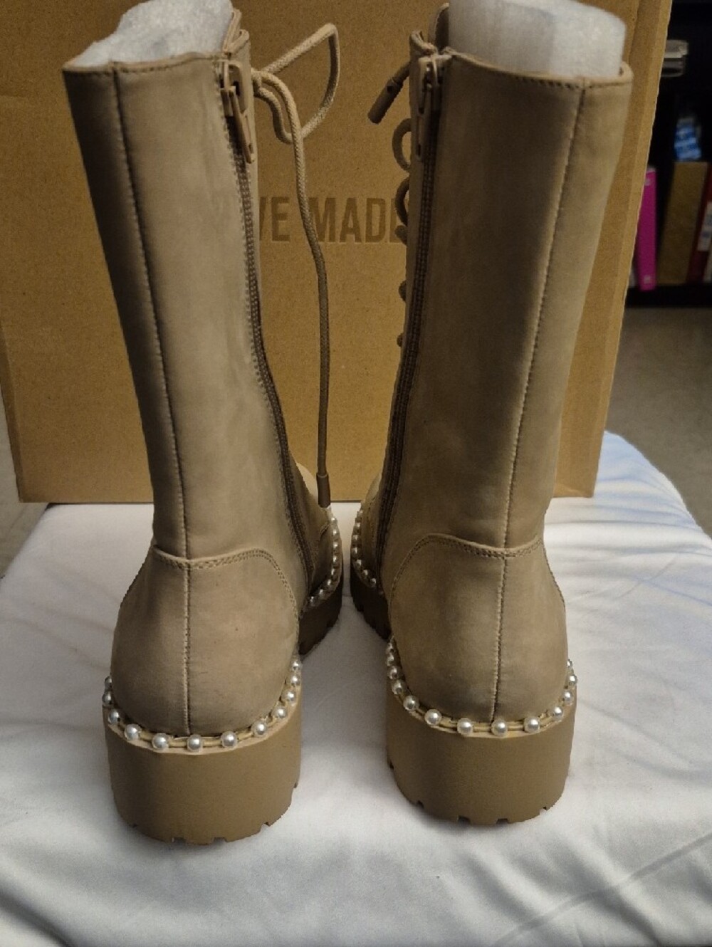 Steve Madden Neutral Tan Lace-Up Combat Boots with Rhinestone Trim - Picture 4 of 8
